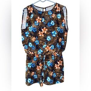 Lands' End Women’s Large 14/16 One-Piece Romper Swimsuit shorts Brown tropical